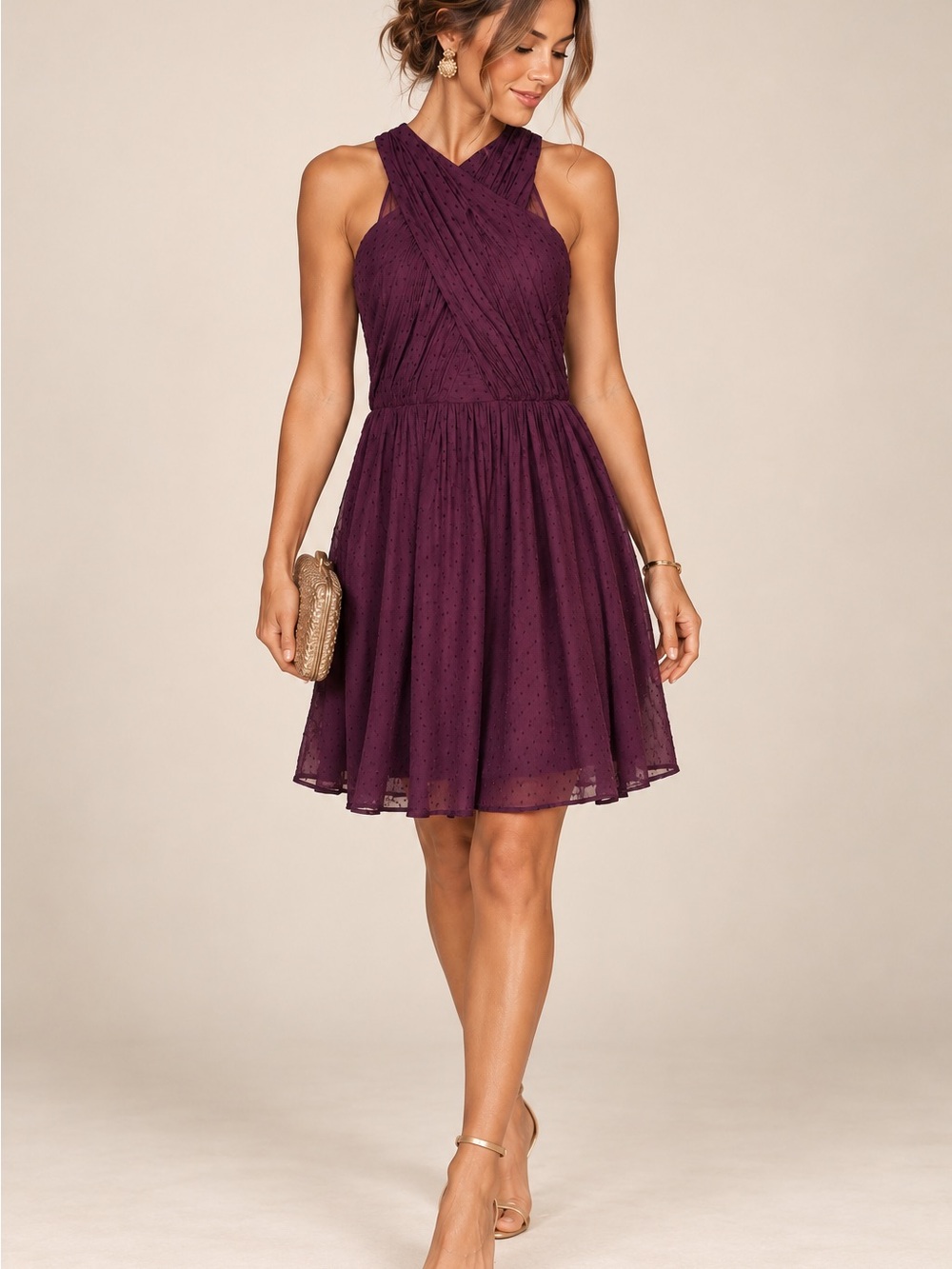 LOFT Crisscross Halter Mini Dress in Plum